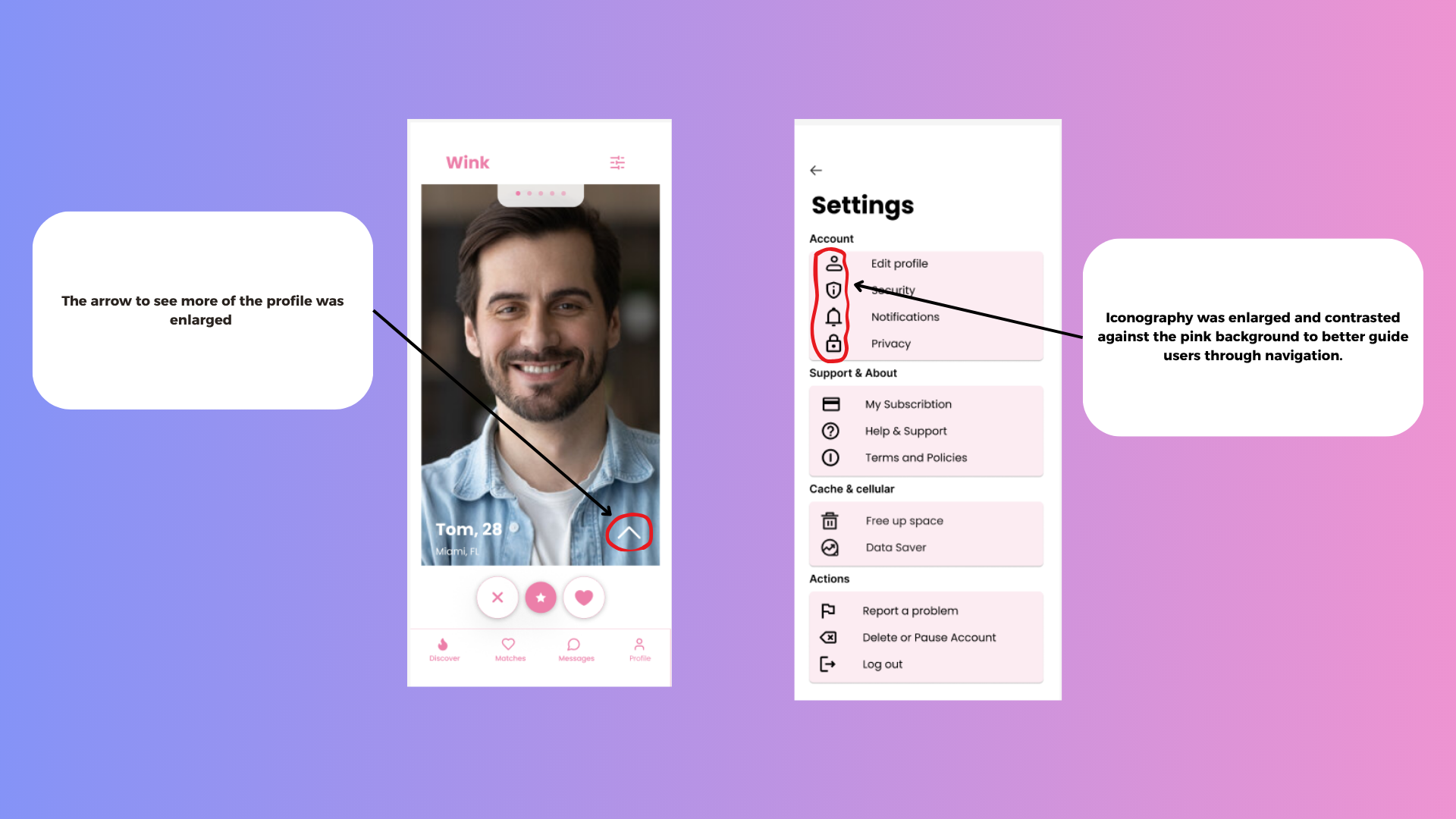 Annotated Wink screens showing an enlarged profile arrow and higher-contrast settings icons